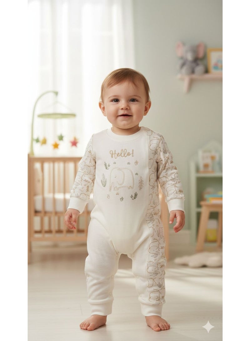 Berceau Baby Romper, Cotton One Piece Outfit with Hello Elephant Print, Classic Style for Baby Boys